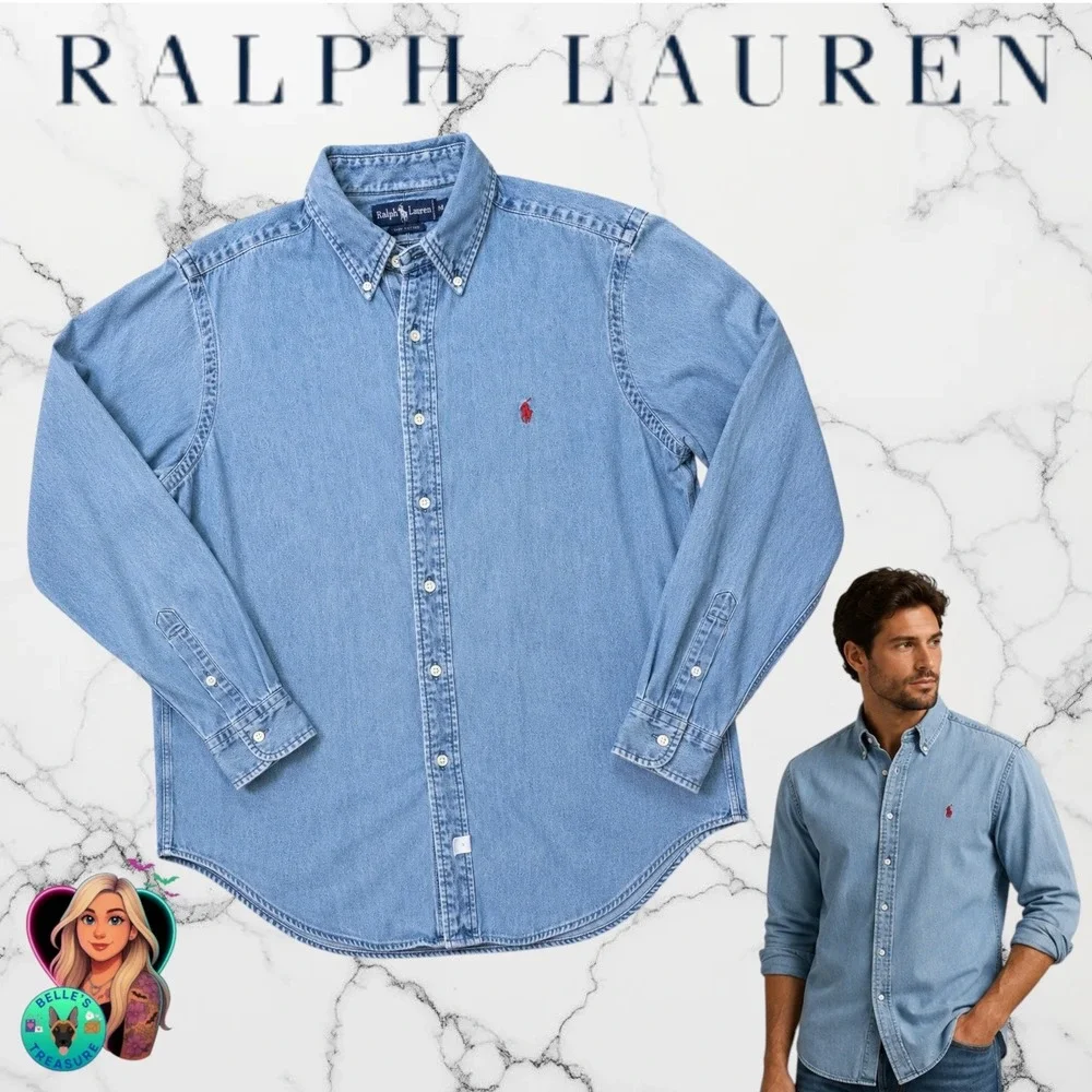 Vintage 90's Ralph Lauren Polo Shirt Men's Medium Blue Denim Button Up Red Pony